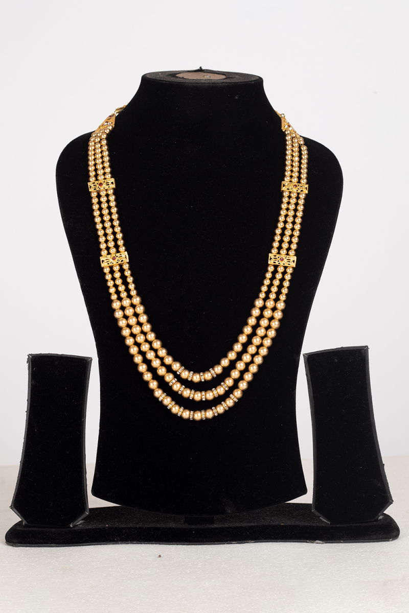 Gold Sherwani Mala Layered with Pearl and Stone