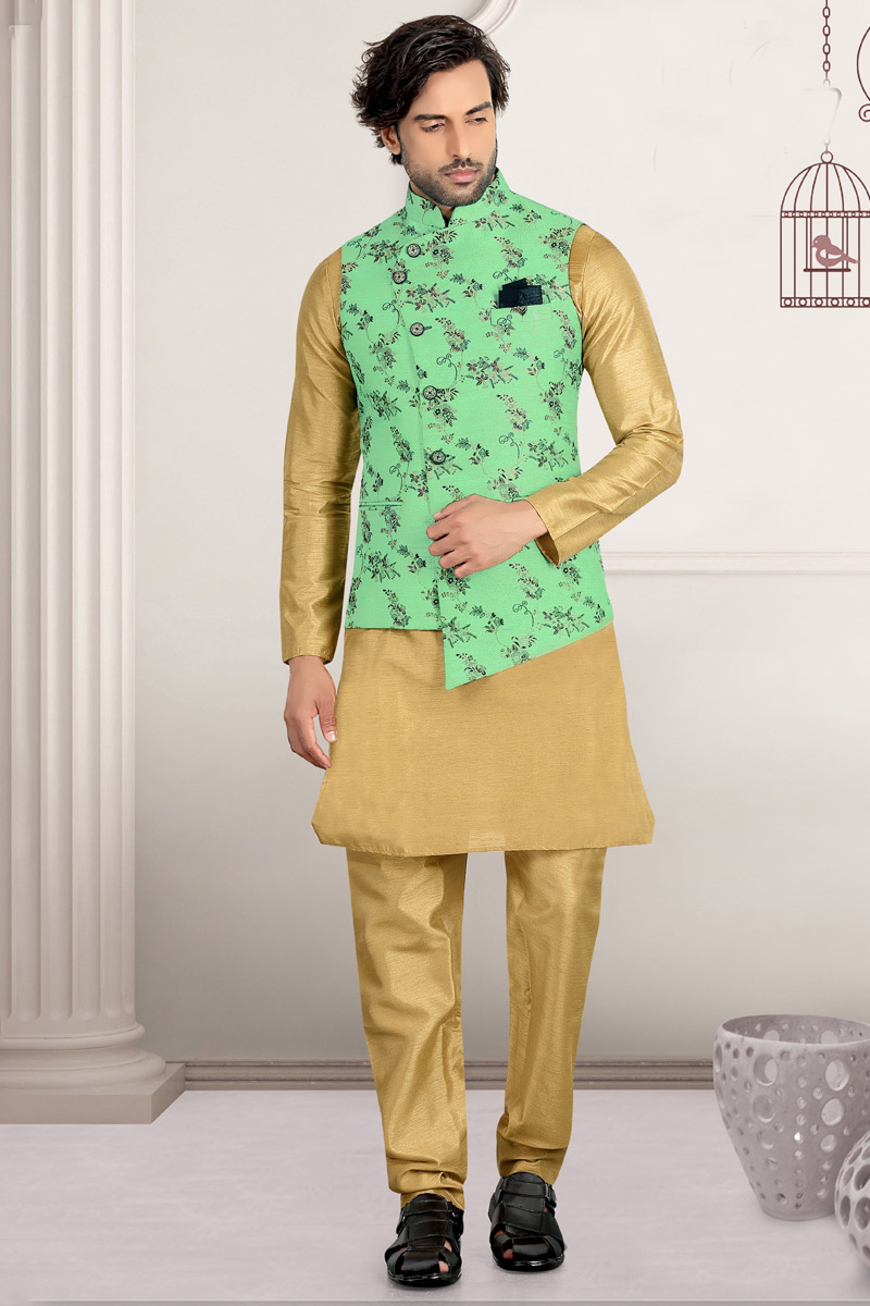 Gold Silk Jacket Style Men Kurta Pajama