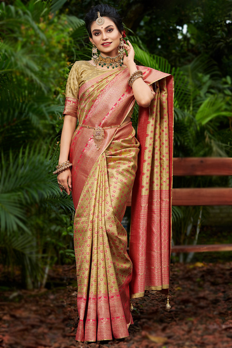 South Indian Traditional White Pure Lichi Silk Saree with Golden Zari  Weaving Wo | eBay