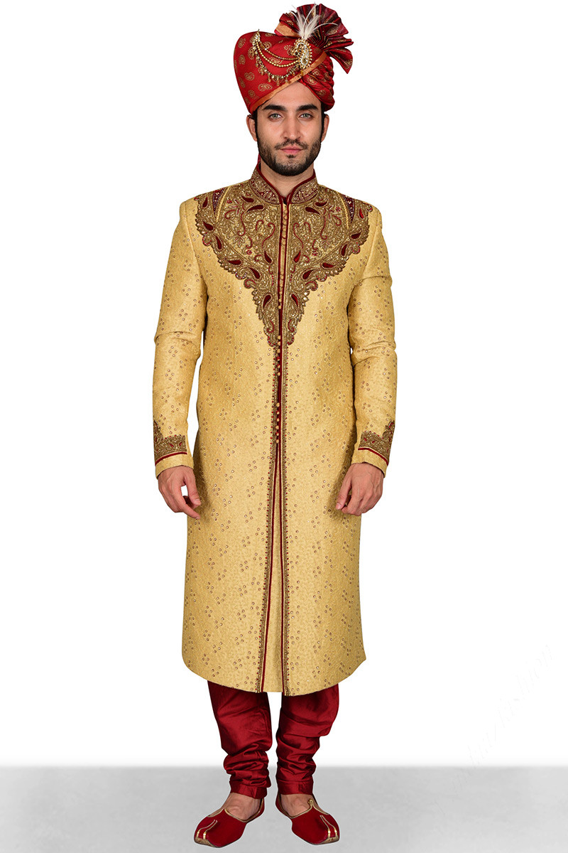 Golden Sherwani For Groom With Zardosi Work