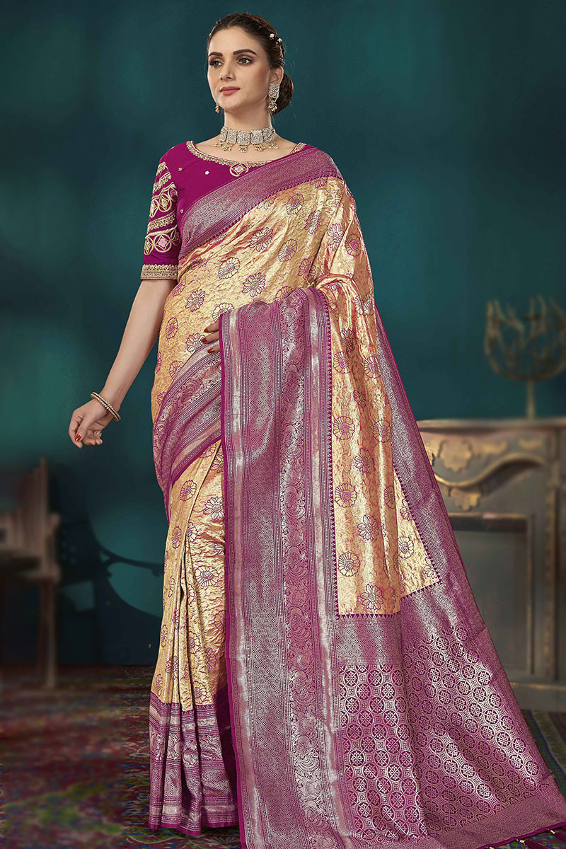 Golden silk saree for bride on sale