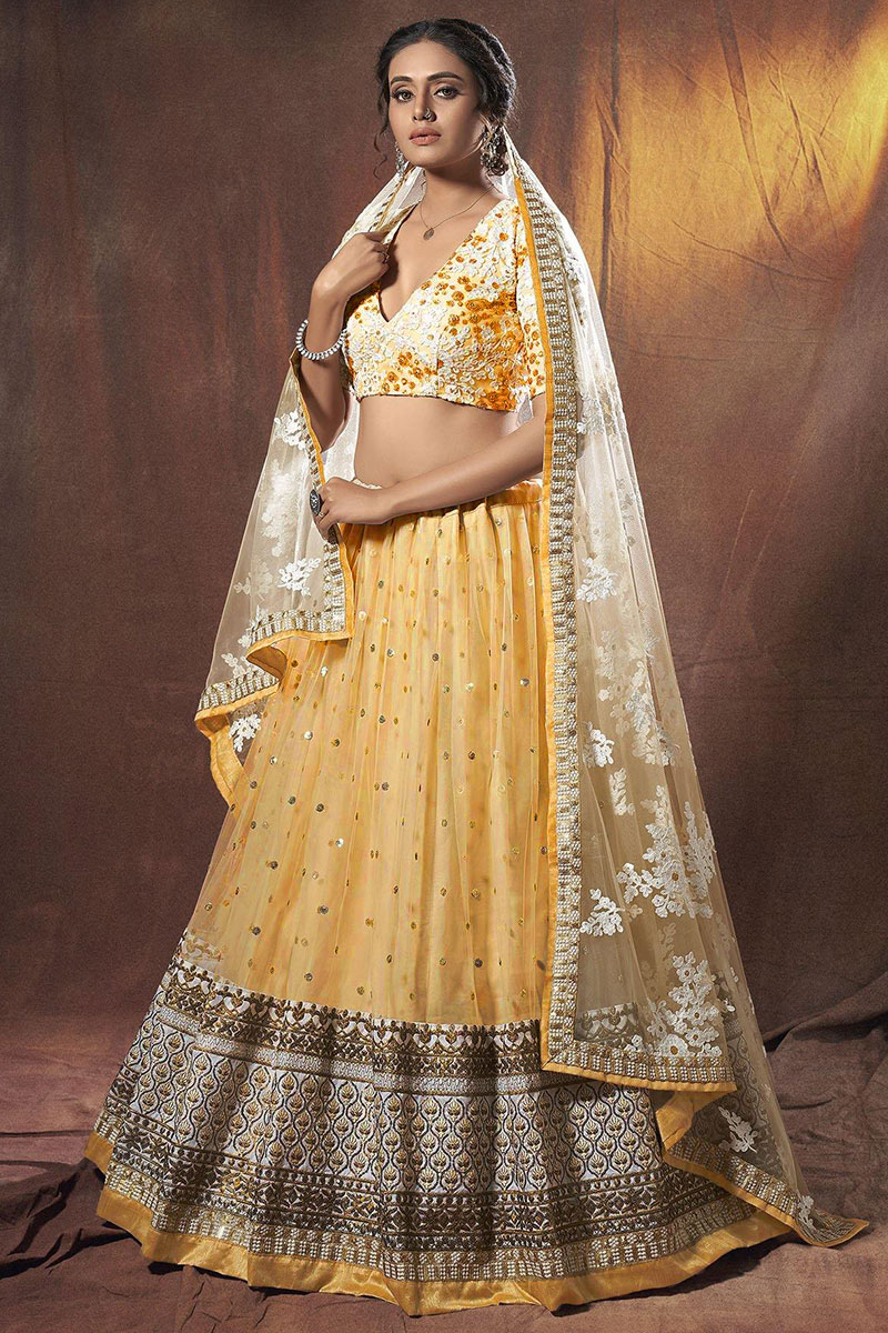 Net Lehenga with Zari Embroidery in Gold for Wedding 