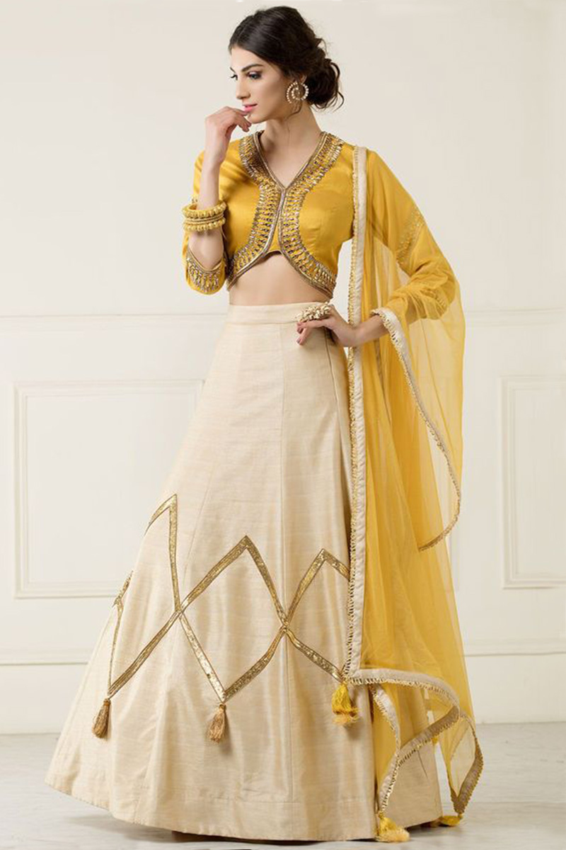 Gota Patti Embroidered Silk Cream Beige Lehenga