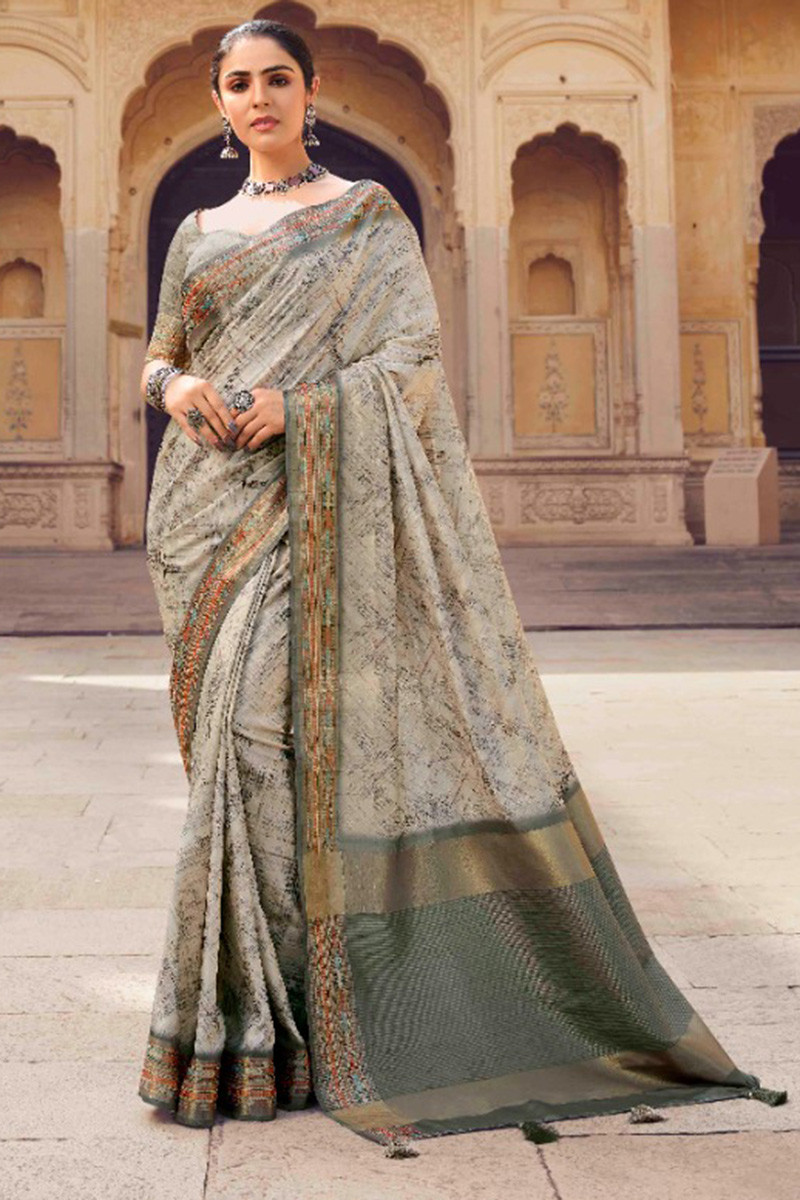 Tarragon Banarasi Silk Saree With Heavy Beaded Mirror Sequins & Thread Work  All-over | Exotic India Art