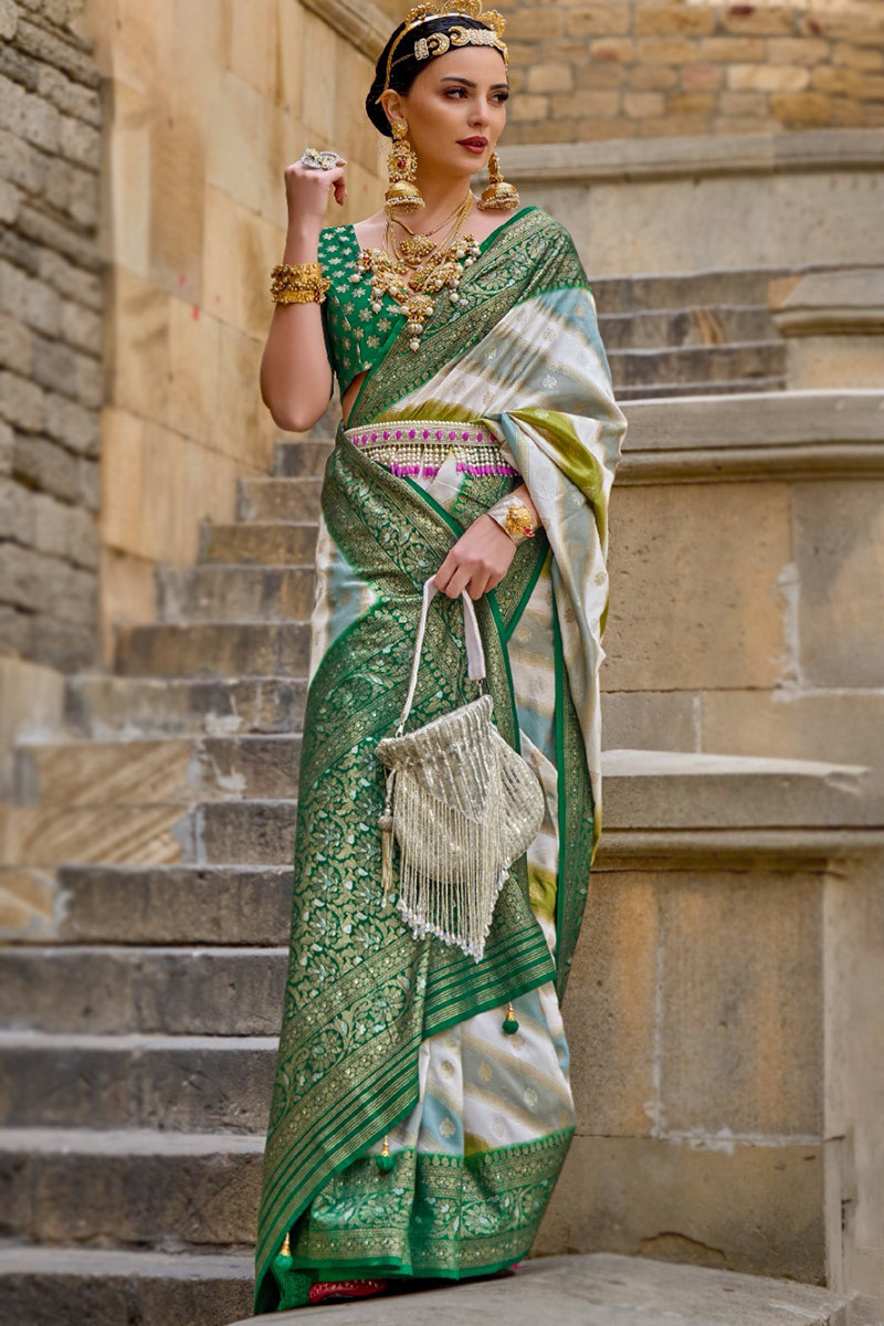 Green And Off White Woven Zari Silk Broad Border Saree