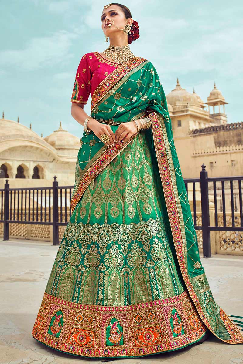 Green Banarasi Silk Indian Wedding Lehenga