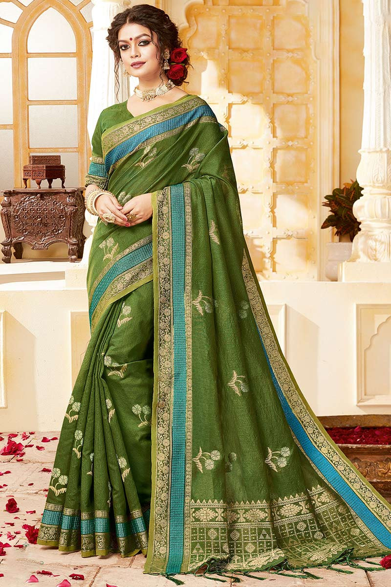 Green Woven Design Satin Silk Saree - Momsgirl