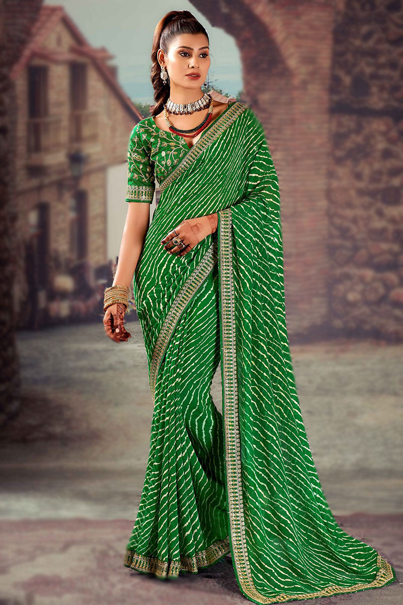 Mehndi green and yellow color hand bandhej bandhani saree