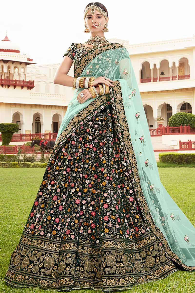 BuyGreen Velvet Lehenga with Velvet Choli Online LLCV00369 Andaaz Fashion