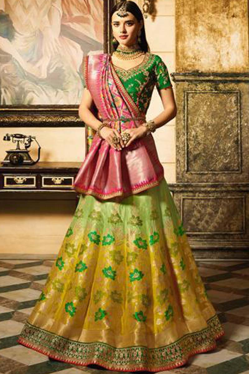 Yellow Green Color Lehenga Choli with Contrast Pink Dupatta – garment villa