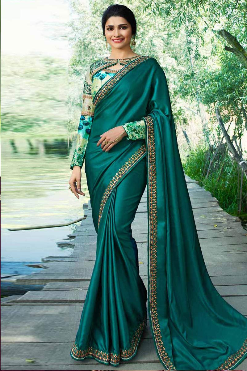 Modest saree wear Midnight green silk embroidered sarees keyhole neck