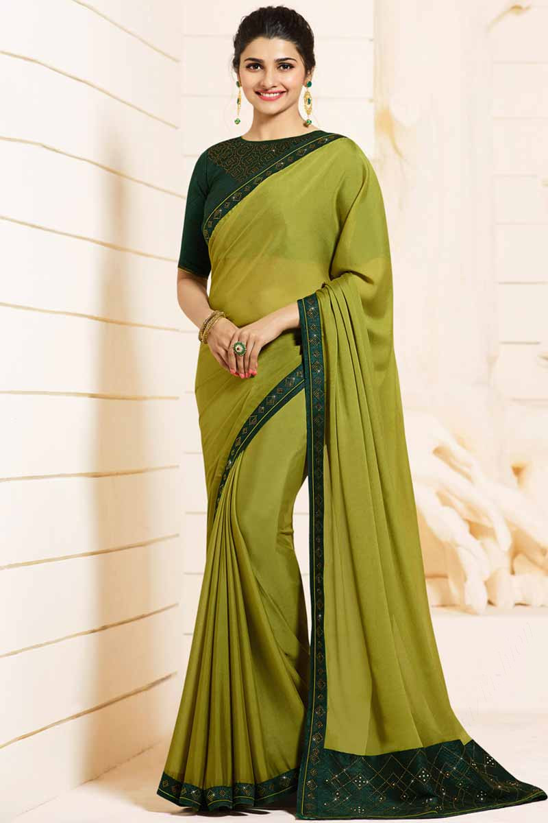 Deep Green Designer Silk Saree with Contrast Embroidered Blouse | Saree  designs, Bottle green saree, Fancy sarees