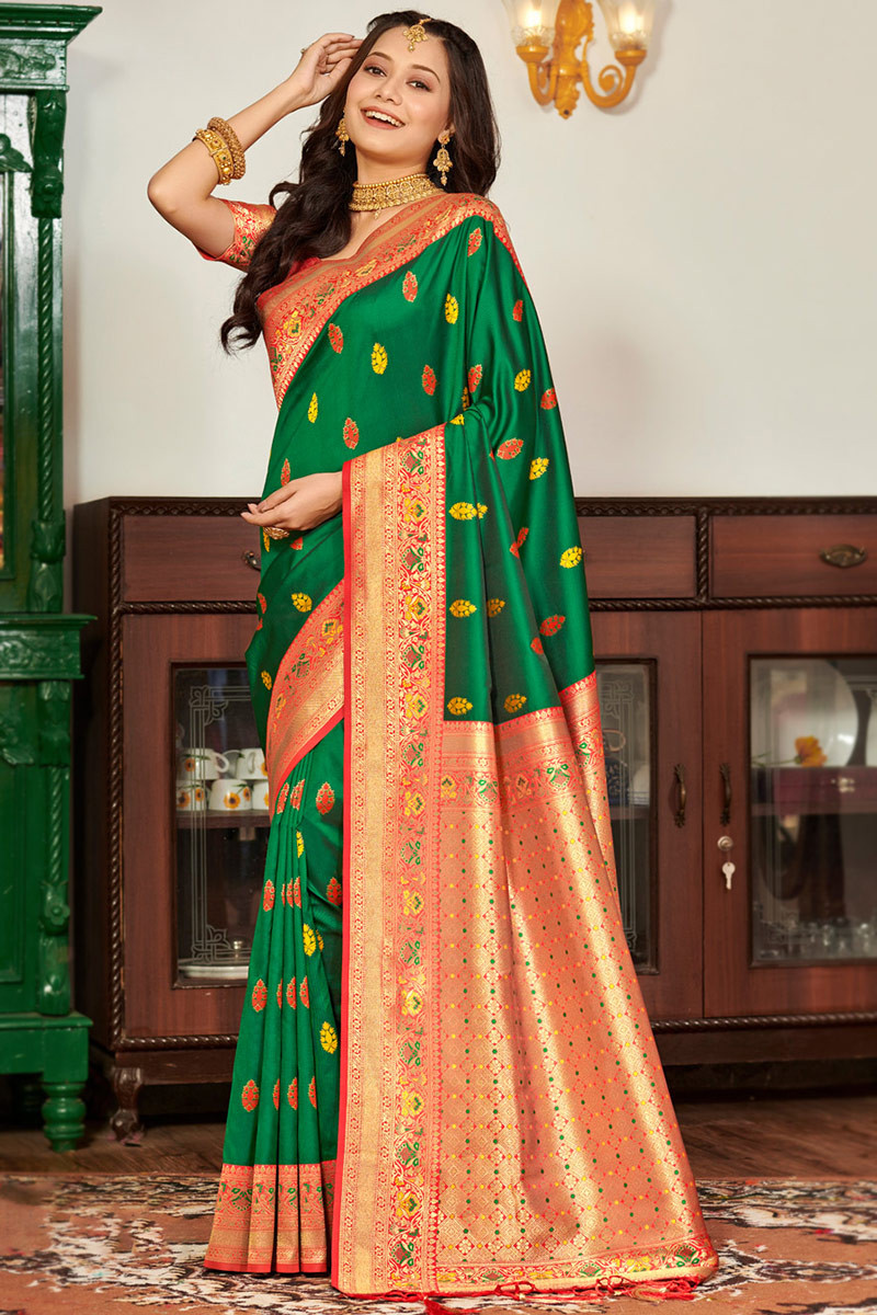 Gleaming Dark Green Soft Banarasi Silk Saree With Beautiful Blouse Pie –  LajreeDesigner