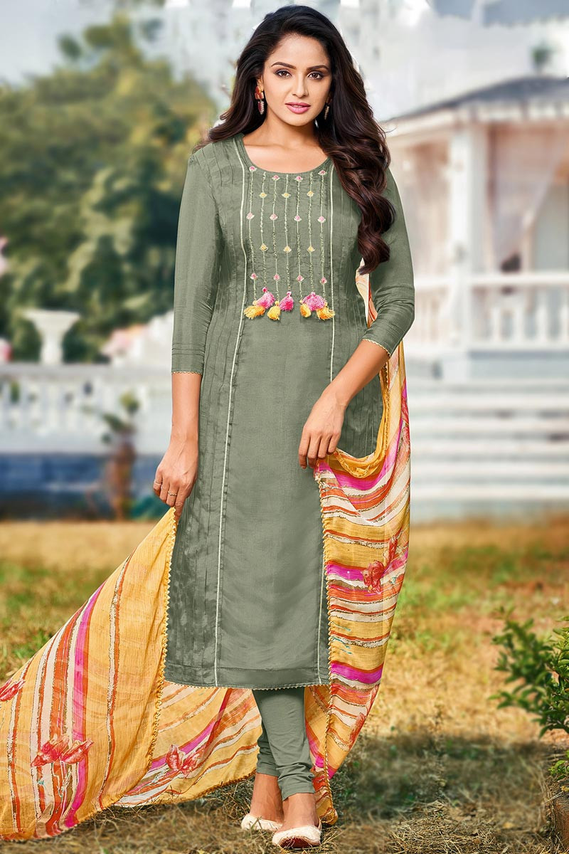 Cheap Fashion Thread Work Greenish Grey Indian Churidar Suit LSTV113936