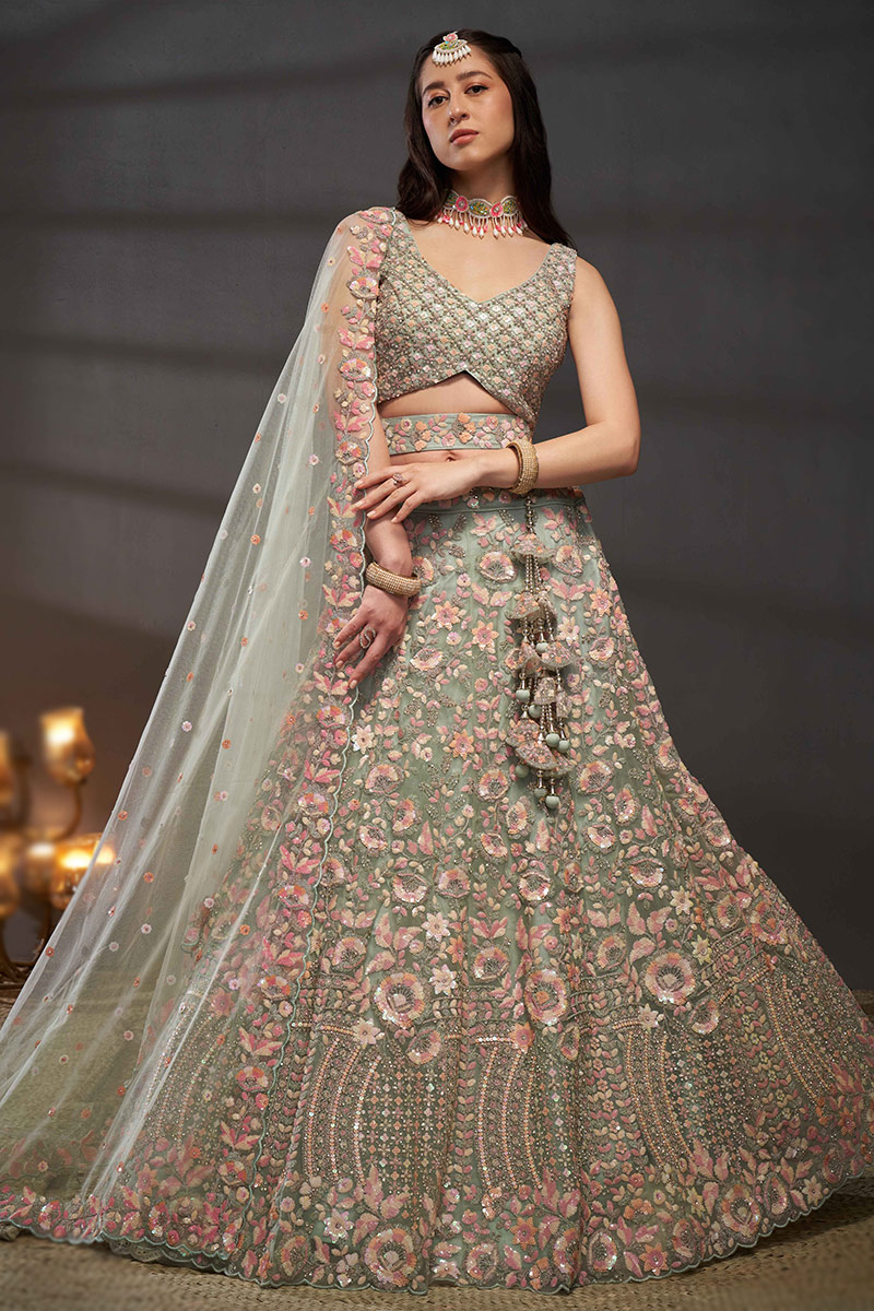 Greenish Grey Embroidered Net Panelled Style Lehenga