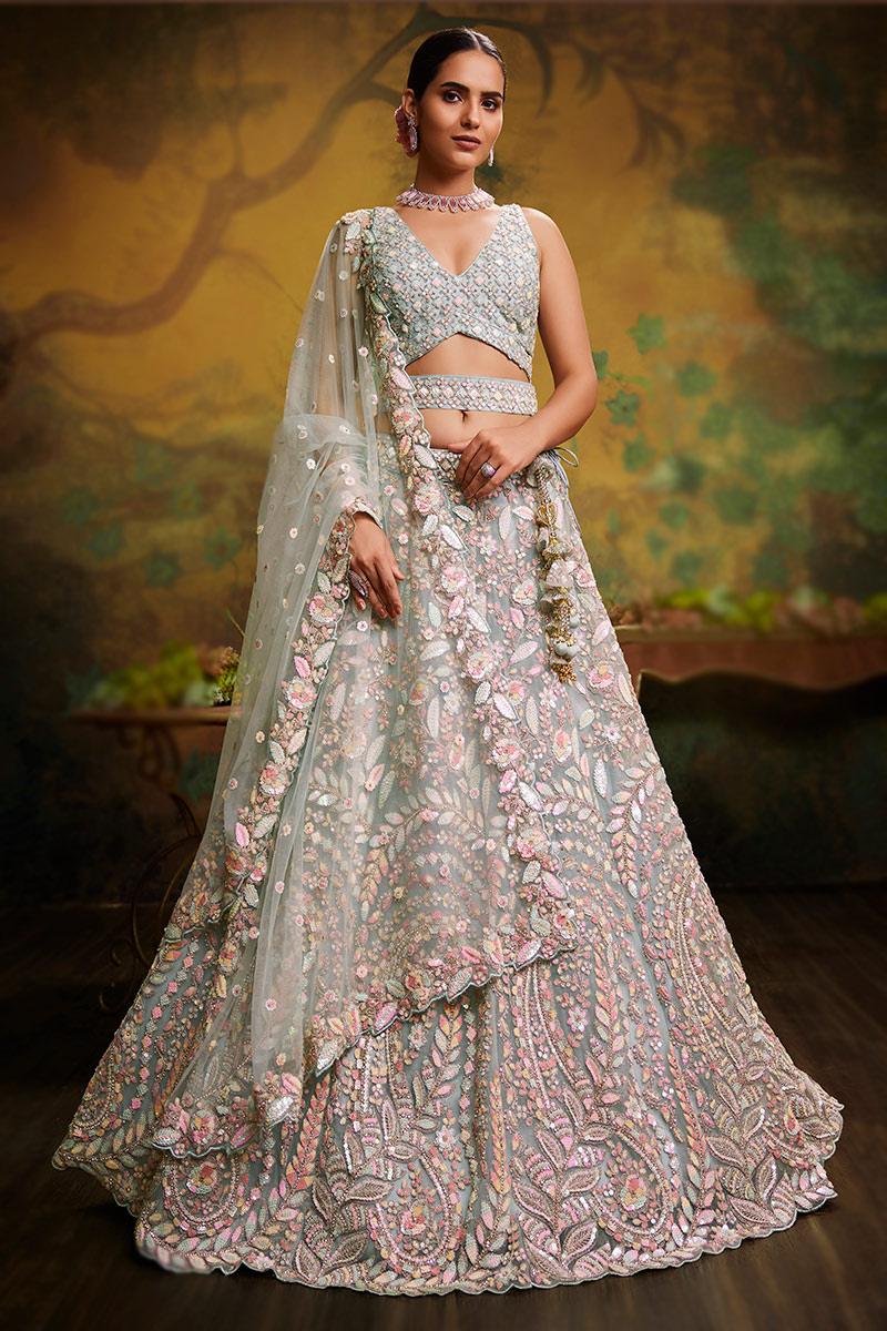 Greenish Grey Net Dori Embroidered Panelled Style Lehenga
