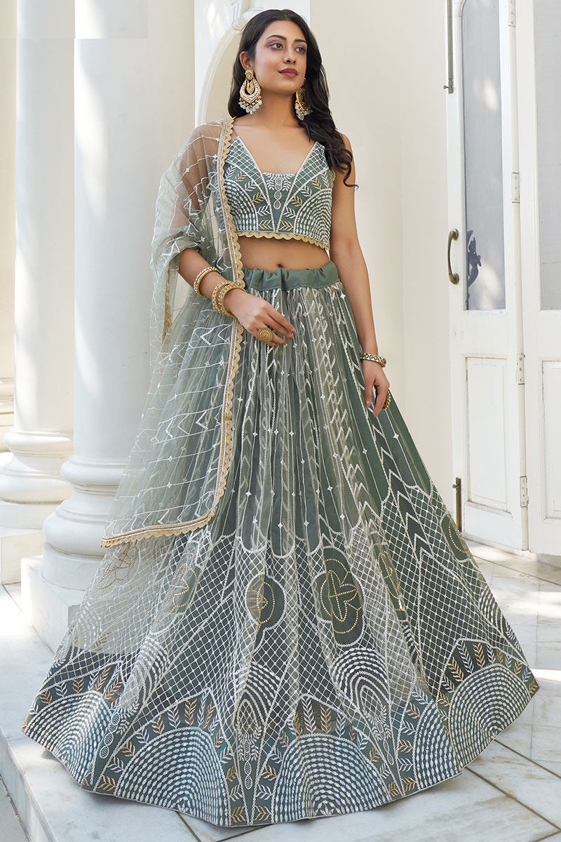 Greenish Grey Net Embroidered A-Line Lehenga
