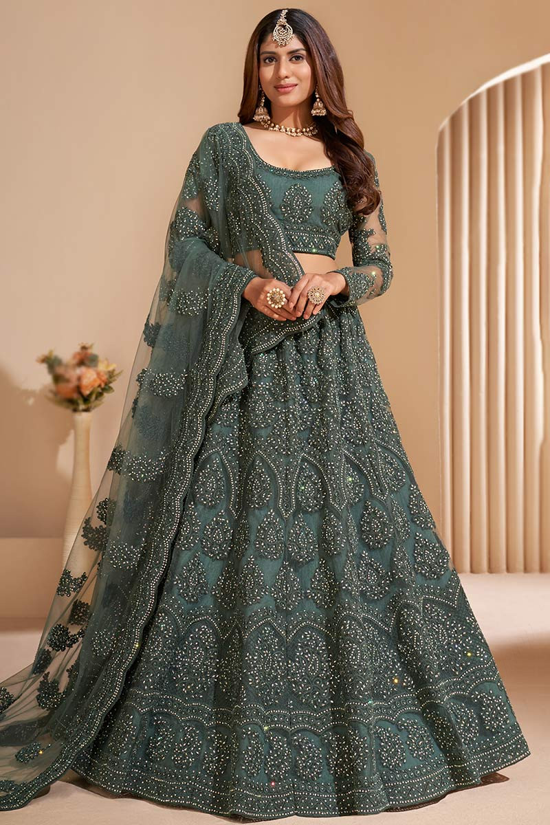 Greenish Grey Net Embroidered Lehenga