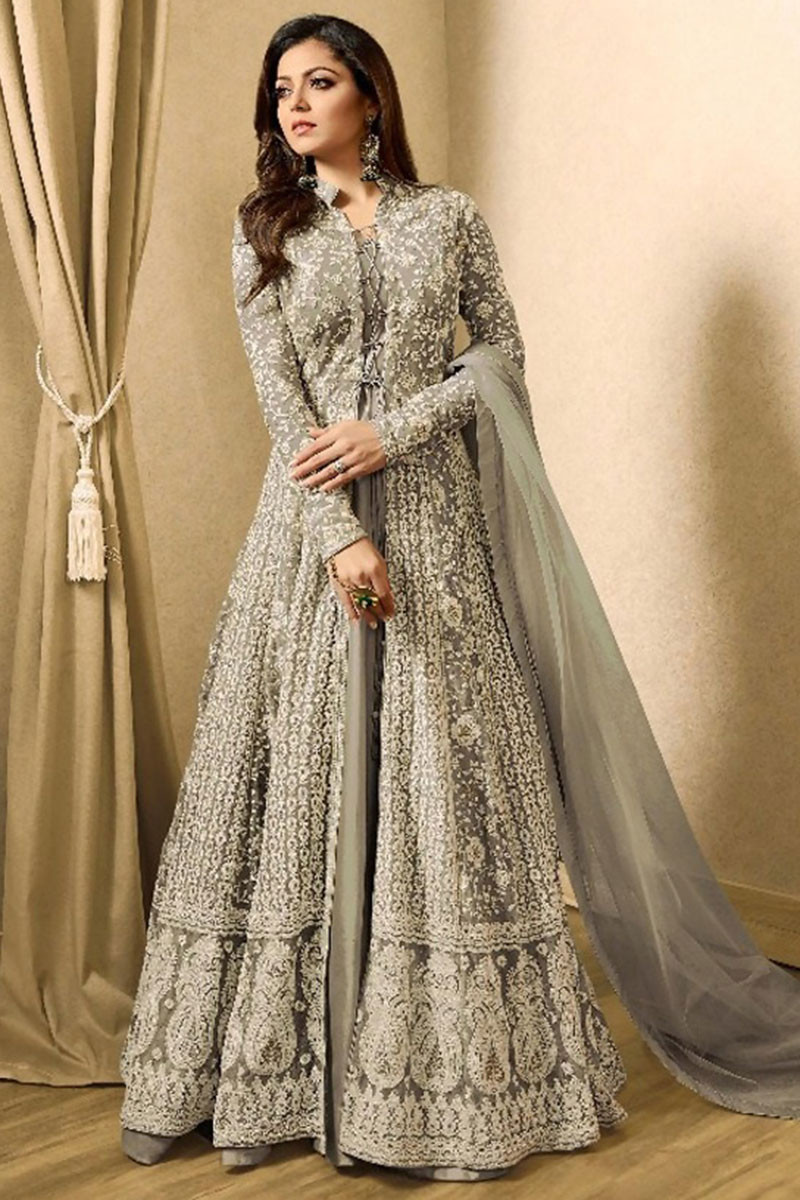 Embroidered Greenish Grey Anarkali Suit LSTV117388