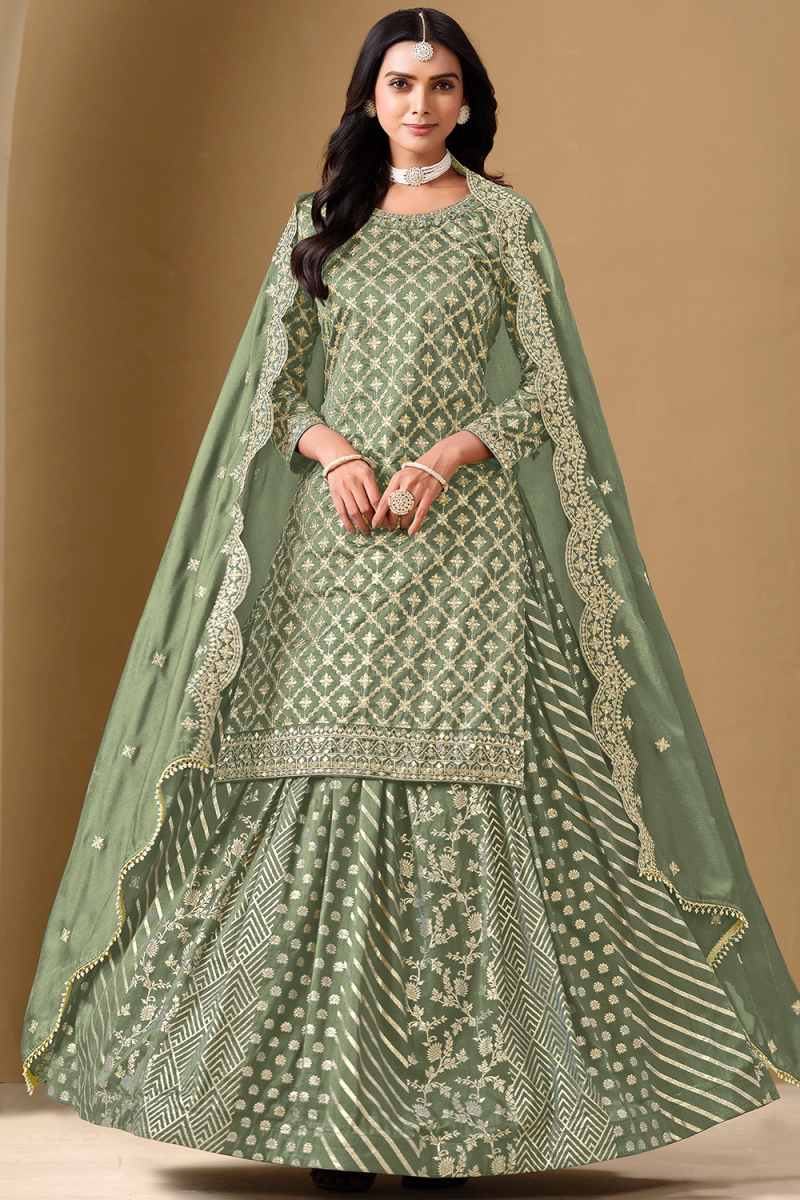 Greenish Grey Silk Blend Lehenga with Woven Zari Work for Wedding Wear