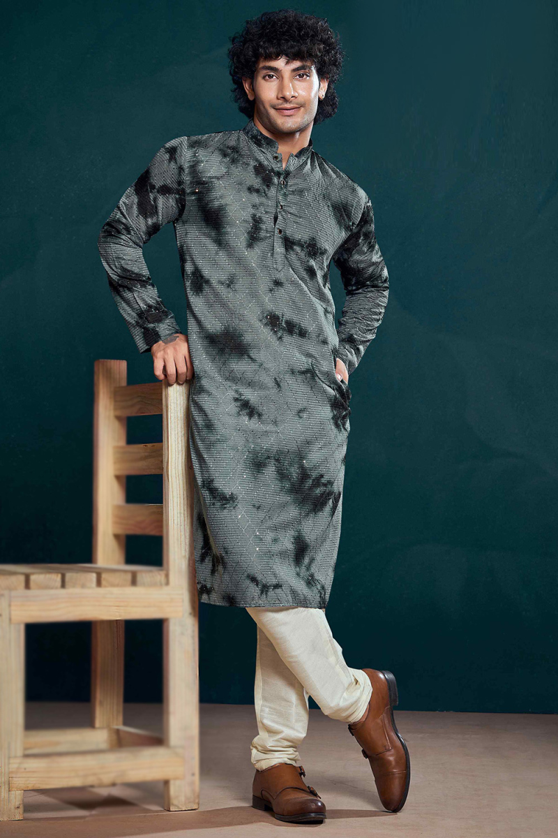 Greenish Grey Viscose Embroidered Straight Cut Men's Kurta Pajama 