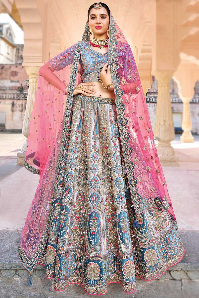 Bridal lehenga blue and pink discount