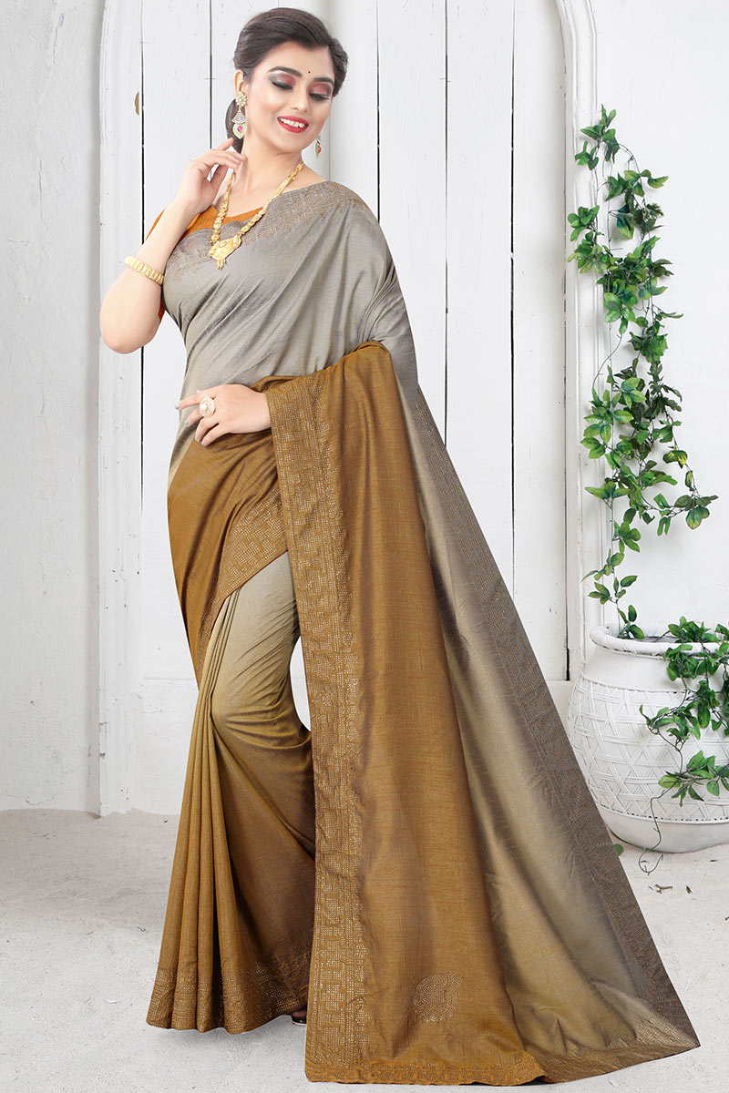 Grey And Gold Stone Work Art Silk Saree