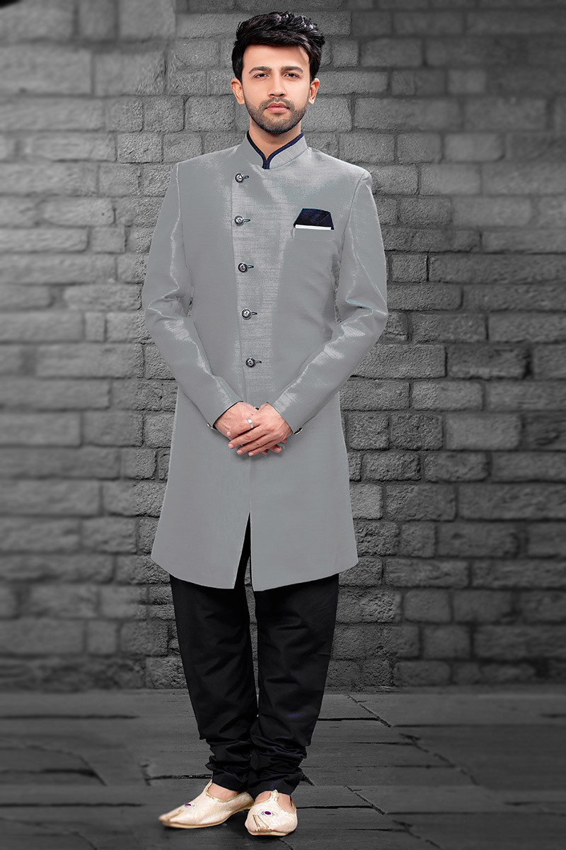 Wedding Collection Grey Men Sherwani with Churidar MSTV01196