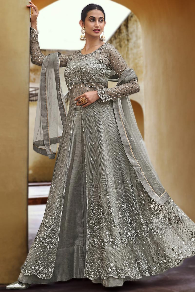Gray Lehenga Choli Indian Wedding Wear Lengha Chunri Dress Net Embroidery  Work | eBay