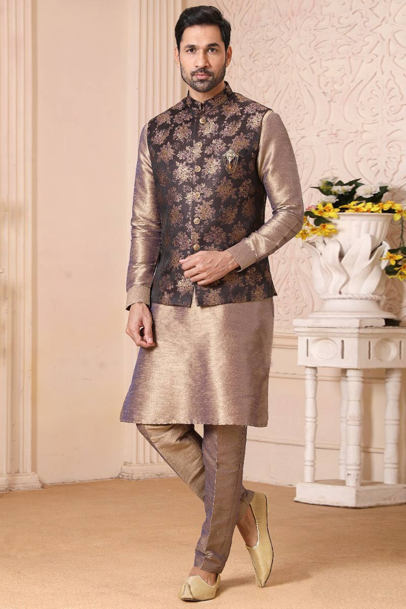 Buy Latest Jacket Style Grey Beige Men Kurta Pajama MKPA01444