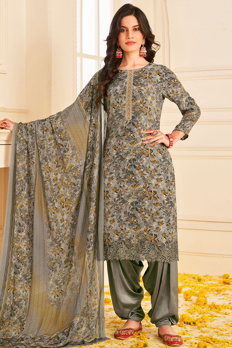 Grey Beige Casual Wear Printed Crepe Salwar Suit LSTV126651