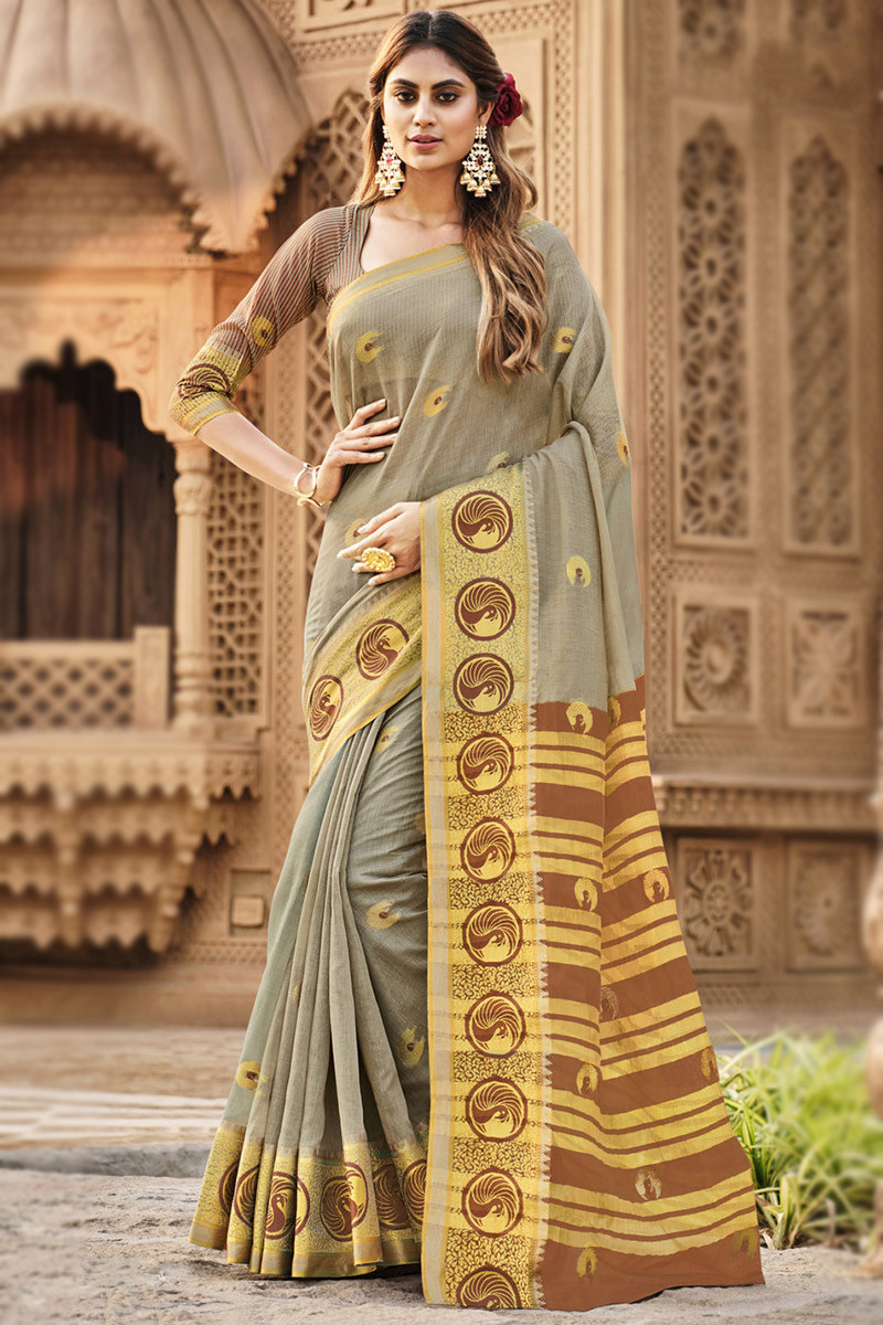 Beige cotton handloom ganga jamuna border jamdani saree – GoCoop