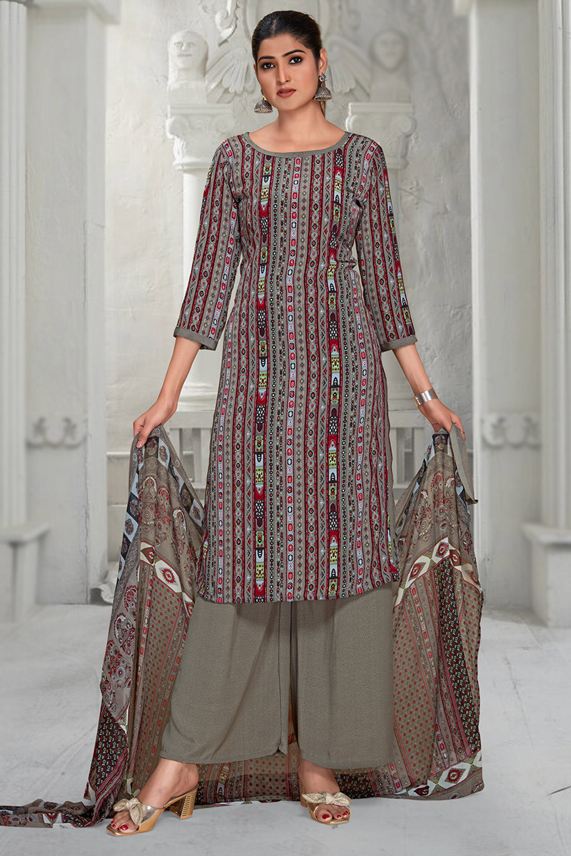 Grey Beige Crepe Printed Palazzo Suit LSTV123519