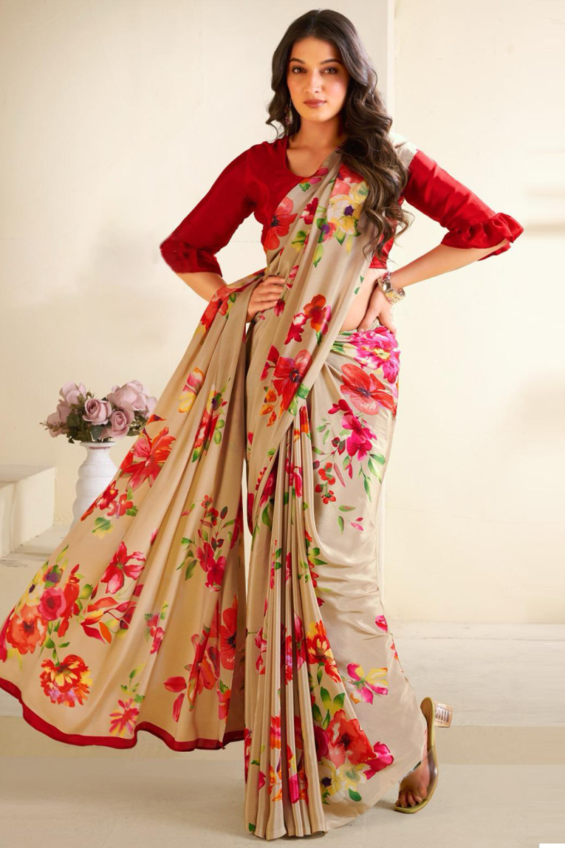 Grey Beige Crepe Saree With Printed Work For Casual Wear