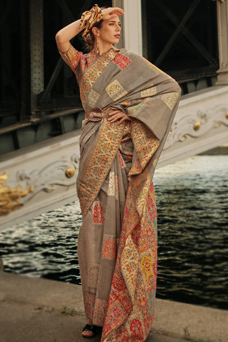 Grey Beige Kora Silk Weaved Broad Border Saree 