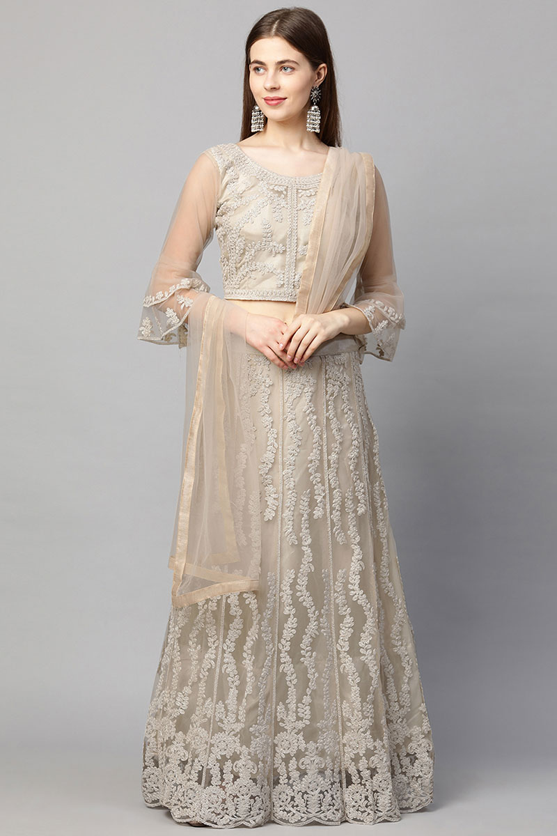 Grey Beige Net Dori Embroidered Lehenga