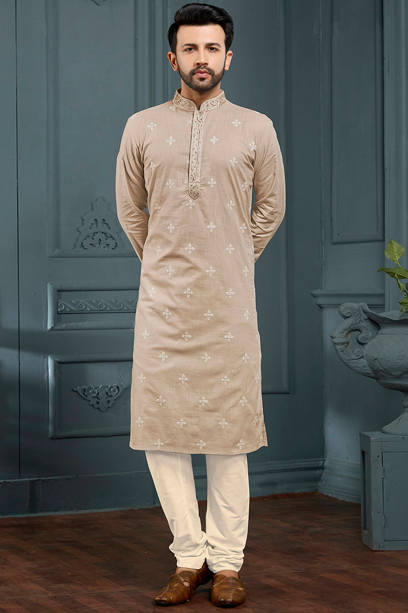 Grey Beige Poly Cotton Straight Cut Men Churidar Kurta Pajama