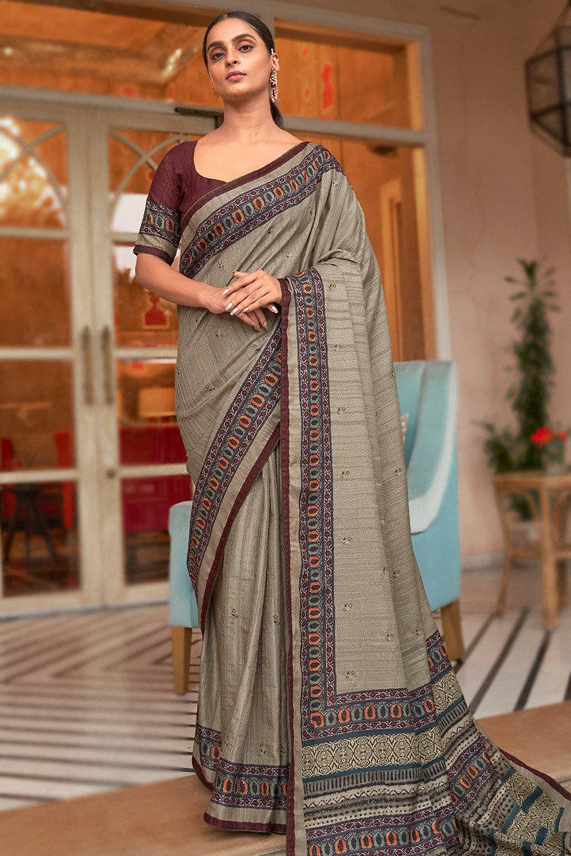 Grey Beige Printed Khadi Silk Light Weight Saree