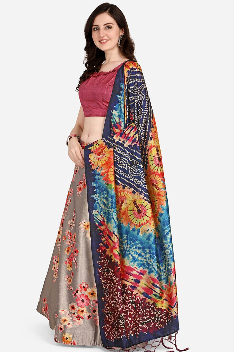 Grey Beige Silk Digital print A-Line Style Lehenga