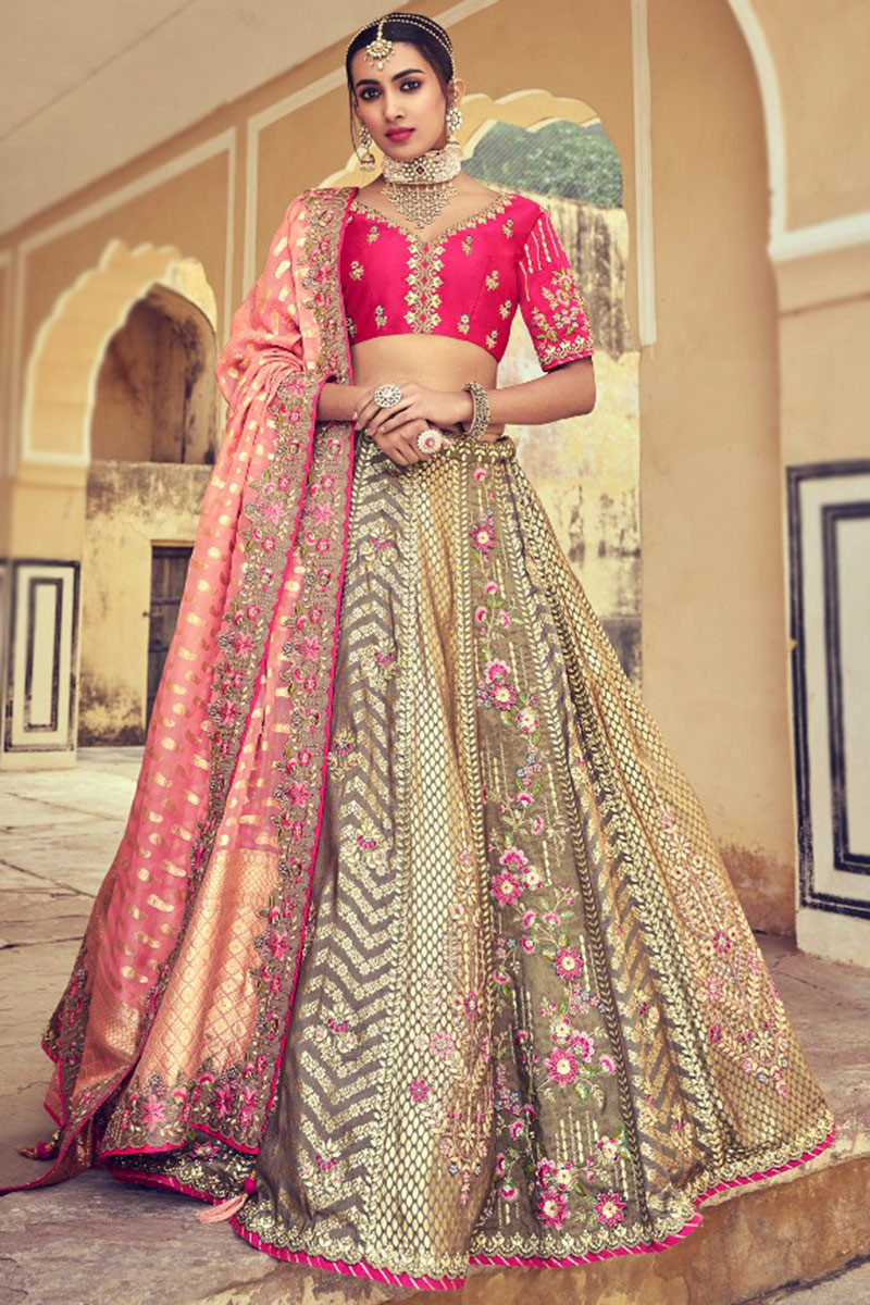 Grey and Red Unstitched Lehenga & Blouse With Dupatta - Etsy
