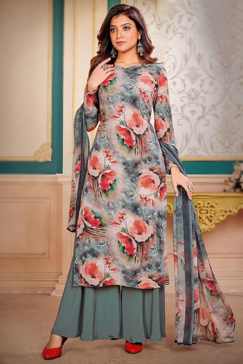 Grey Crepe Silk Printed Palazzo Suit