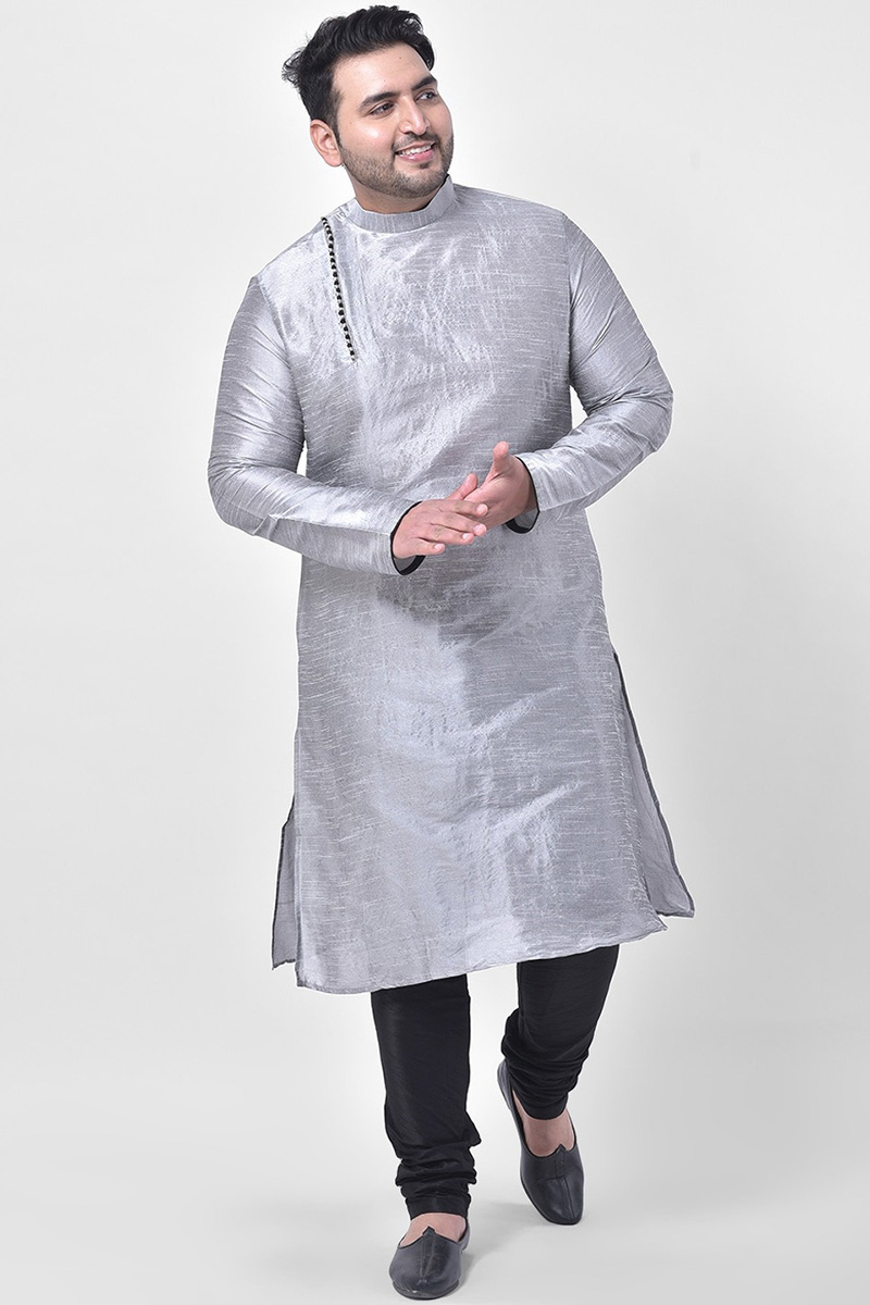 Grey Dupion Silk Men Kurta With Churidar
