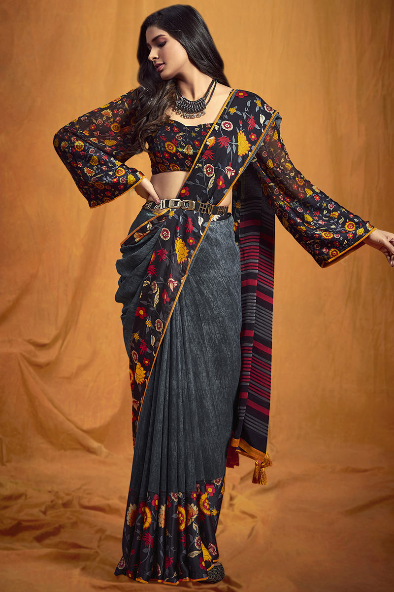 Grey Georgette Printed Saree