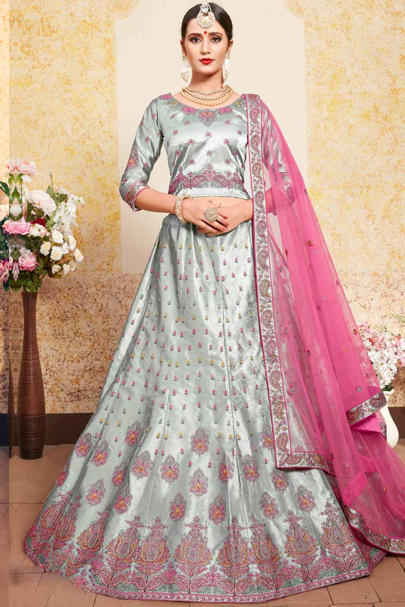 Grey Satin Lehenga With Satin Choli