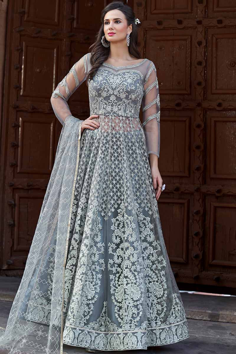 Glamorous Grey Zari with paper mirror Embroidered Net fabric lehenga choli  - MEGHALYA - 3308407