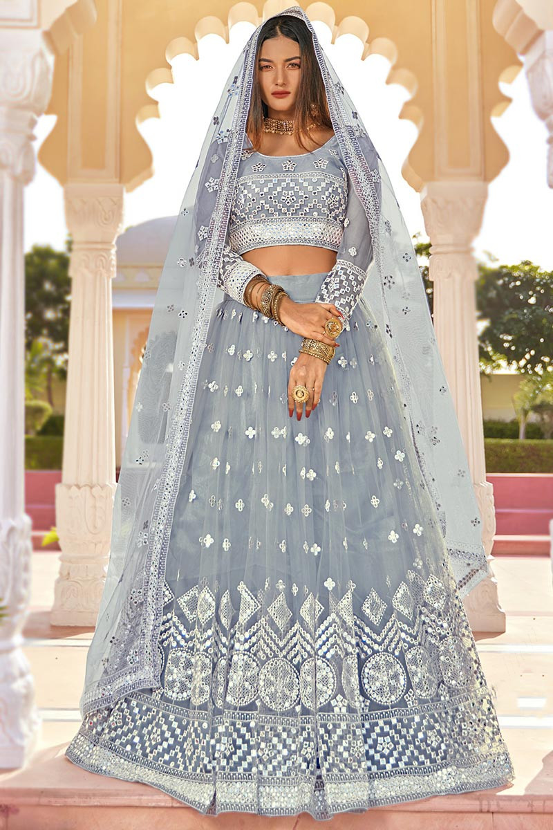 Buy Grey color net designer Indian wedding lehenga in UK, USA and Canada