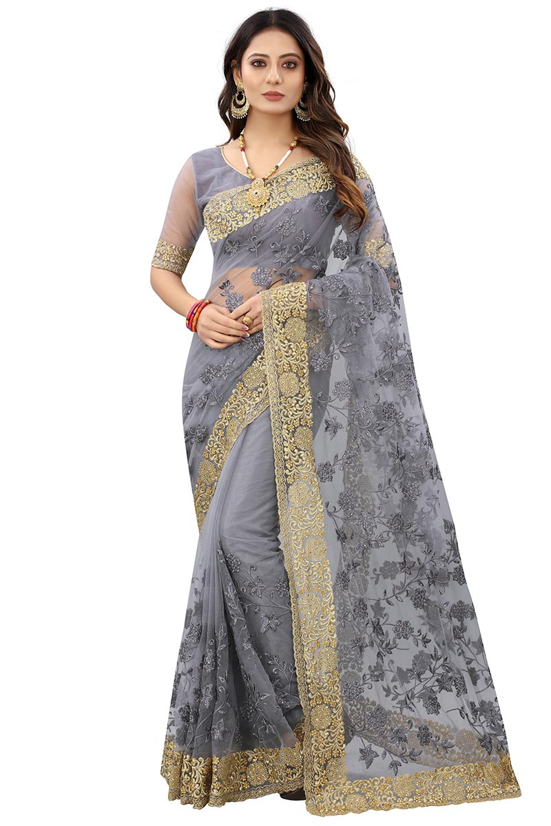 Grey Net Embroidered Indian Wedding Saree