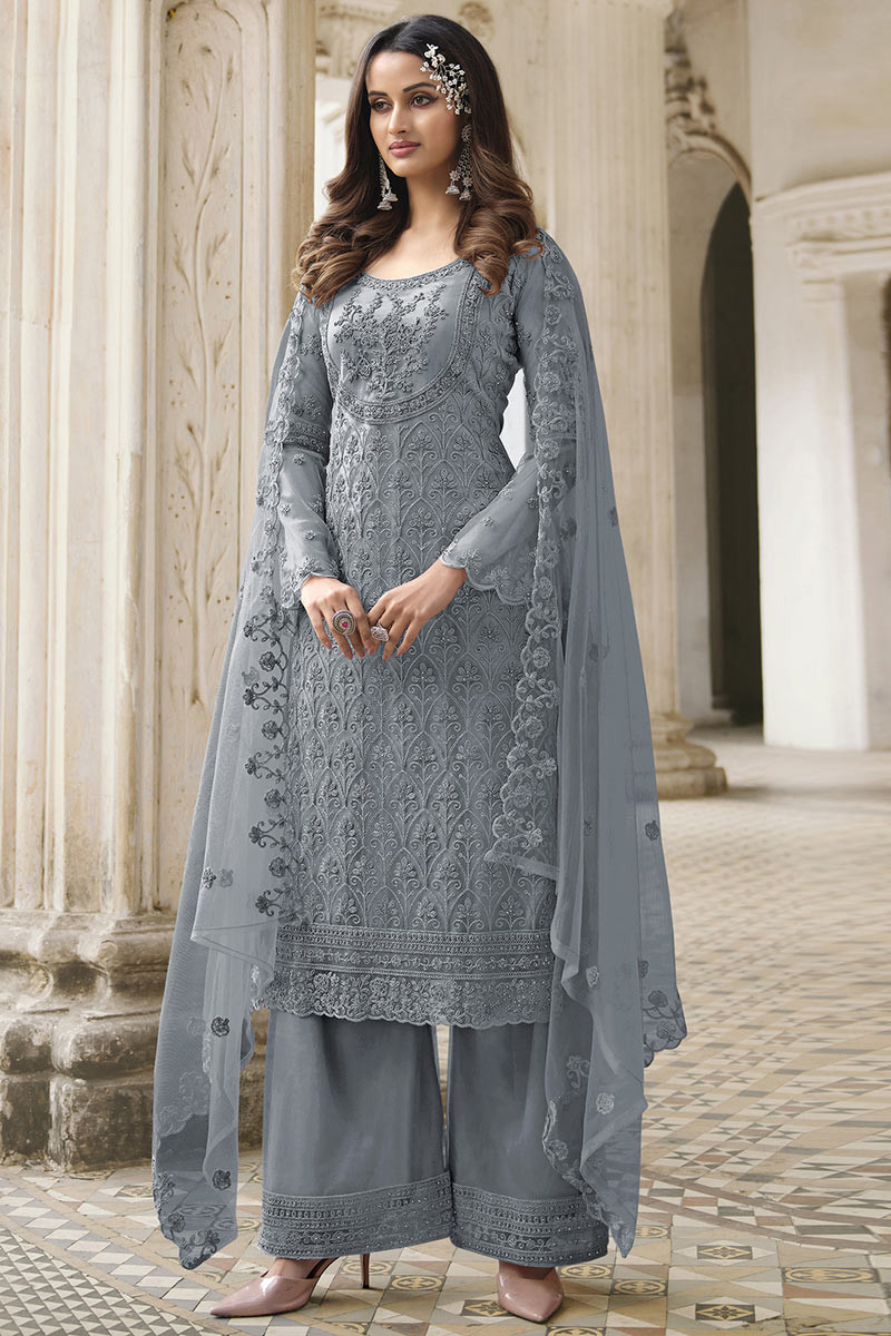 Designer Fashions Grey Net Embroidered Straight Cut Suit LSTV117601