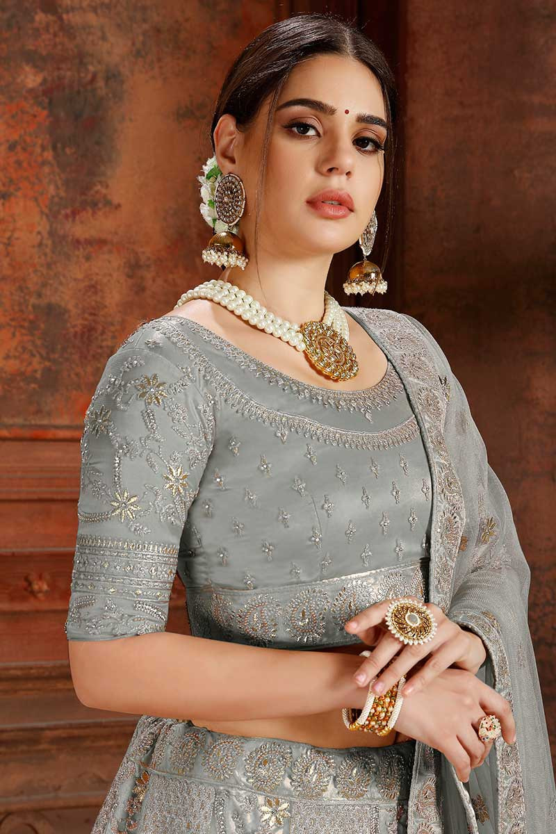 Peach And Grey Embroidered Lehenga Choli Suit | Designer lehenga choli,  Bridal lehenga online, Lehenga choli online