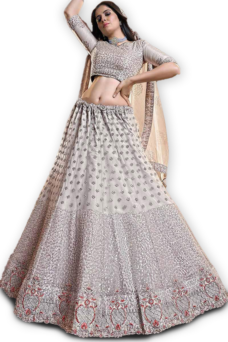Grey Net Sequins Embroidered Wedding Lehenga